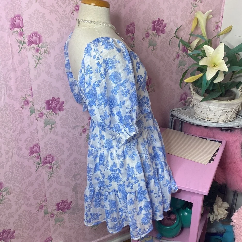 πΉ Trixxi πΉ NWT Blue & White Floral Ruffle Babydoll Dress - Picture 7 of 16